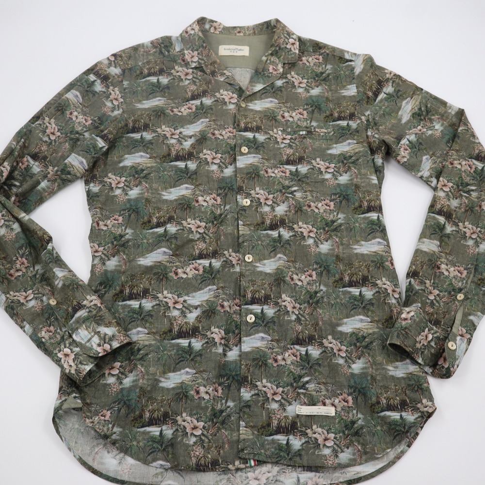 Tintoria Mattei 954‎ Mens Olive Green Tropical Palm Print Slim Fit Shirt 39 15.5